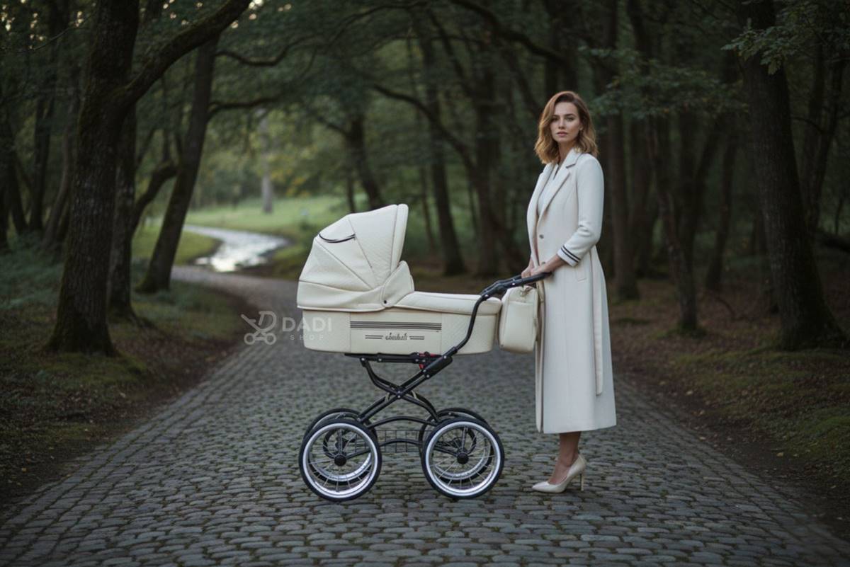 Klasyczny wózek głęboki w stylu retro z eleganckimi kołami szprychowymi na brukowanej alejce w parku